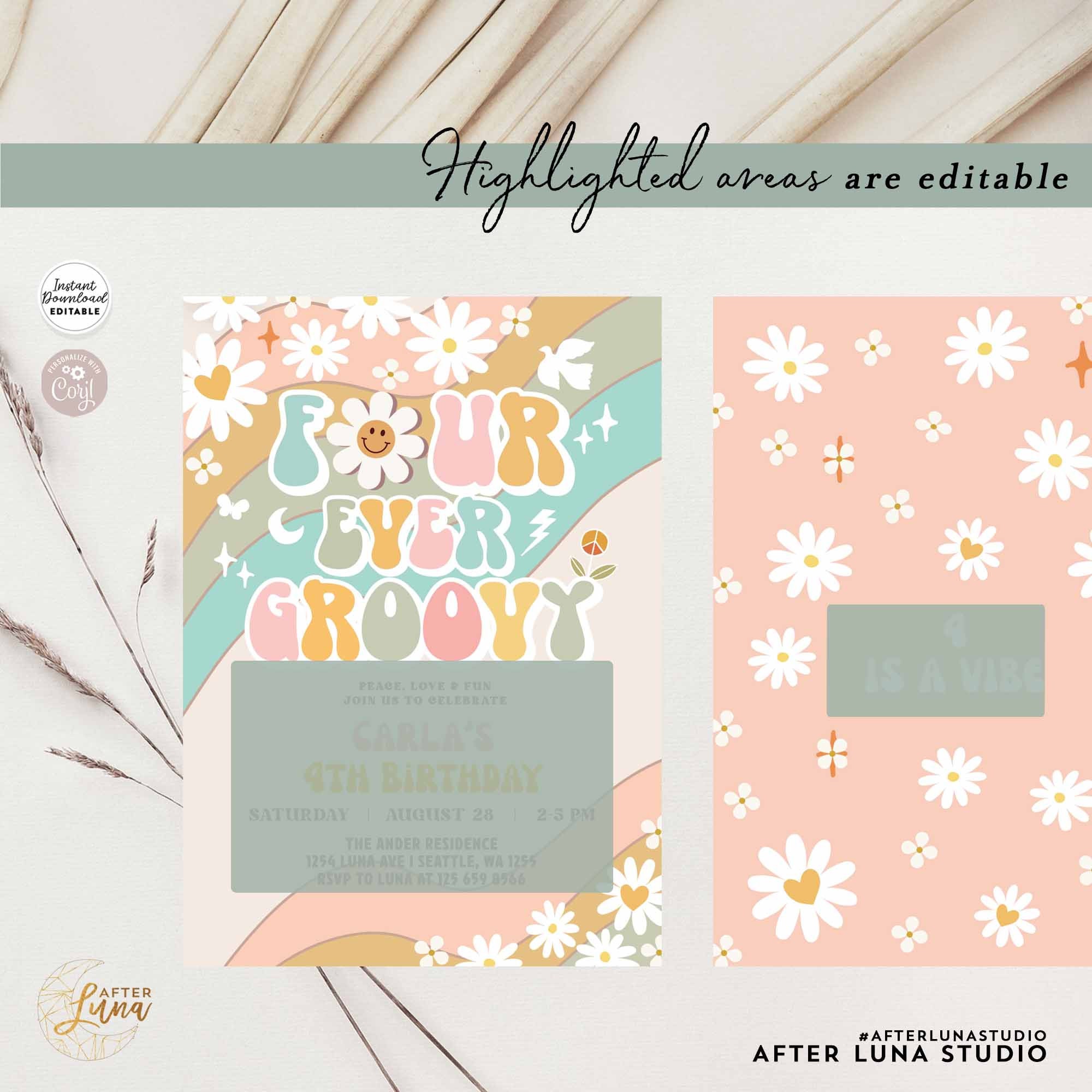 Editable Groovy 4th Birthday Four Ever Groovy Invite Daisy Hippie 70's ...