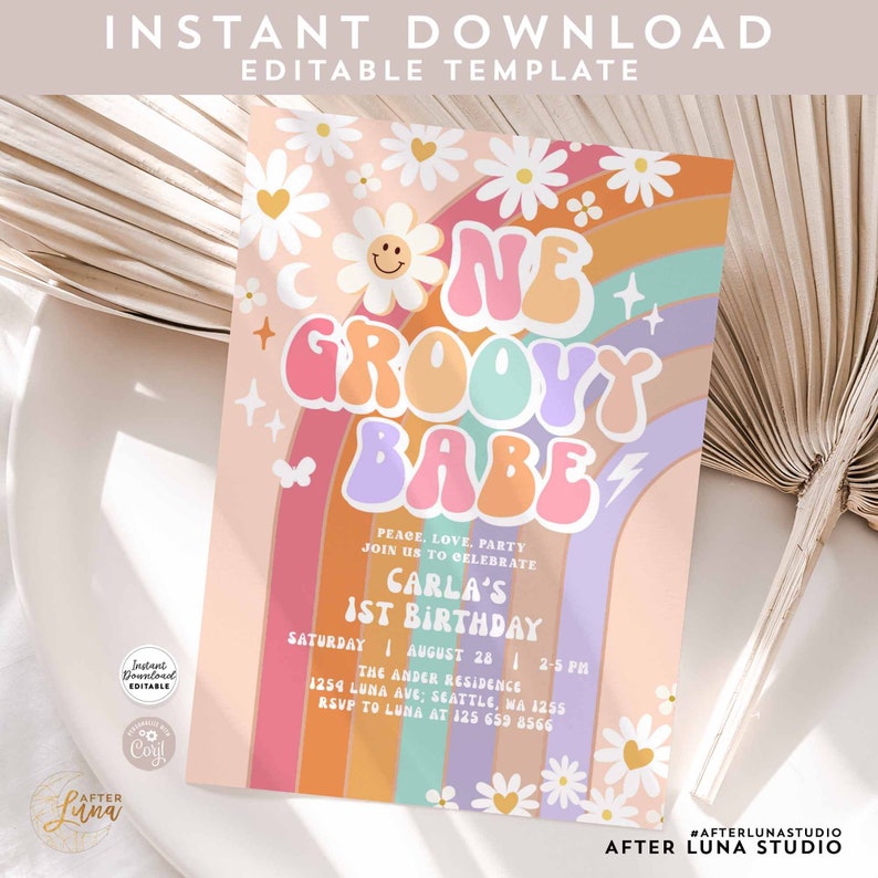 Editable One Groovy Babe Invite Daisy Rainbow Groovy 1st - Etsy
