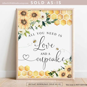 Sunflower Bee Love Cupcake Sign Bride To Bee Meant To Bee Wedding Couple Shower Decor Decoration Digital Printable Instant Download 846BR1