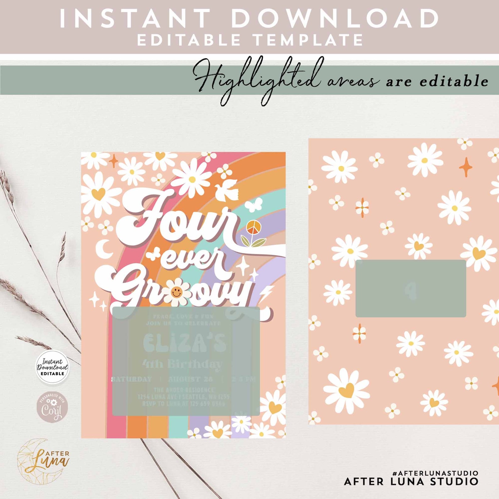 Editable Four Ever Groovy Daisy Rainbow Groovy 4th Birthday Invite ...