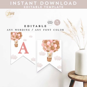 Editable ANY WORDING Pink Tan  Boy Teddy Bear Hot Air Balloon Bear Pennant Banner 8.5x11&quot; Birthday Decor Template Instant Download 905V5