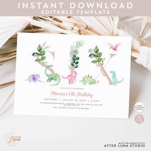 Editable 6th Birthday Pastel Girl Pink Dino Dinosaur 6th Birthday Party Invite Printable Digital Template Instant Download 438K3 (6)