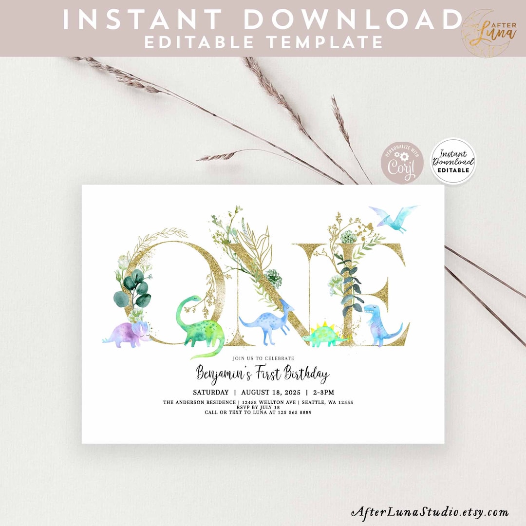 Editable Boy Dino Dinosaur FIRST Birthday Invitation Dino Party Invite ...