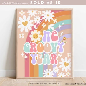 Groovy verjaardagsfeestje decor 70&#39; Daisy één groovy jaar teken decor groovy regenboog hippie verjaardag decoratie afdrukbare Instant Download 633K4