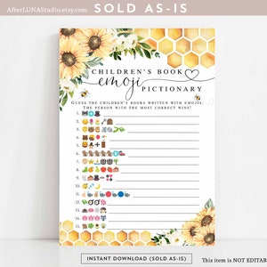 May include: A printable game card with a sunflower and honeycomb design. The card has the title "Children's Book Emojiictionary" and instructions to guess the children's books written with emojis. The person with the most correct answers wins.