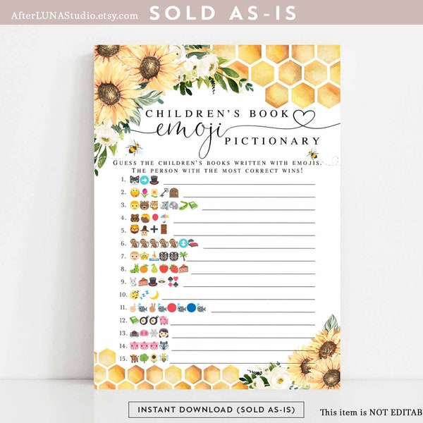 Sunflower Bee Parents to Bee Baby Shower Bee Children's Book Emoji Pictionary Game Gender Neutral Digital Printable Instant Download 846V1