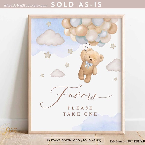 Blue Boy Teddy Bear Hot Air Balloon Favors Sign Decoration Signs Boho We Can Beary Wait Baby Shower Digital Printable Download 902V1