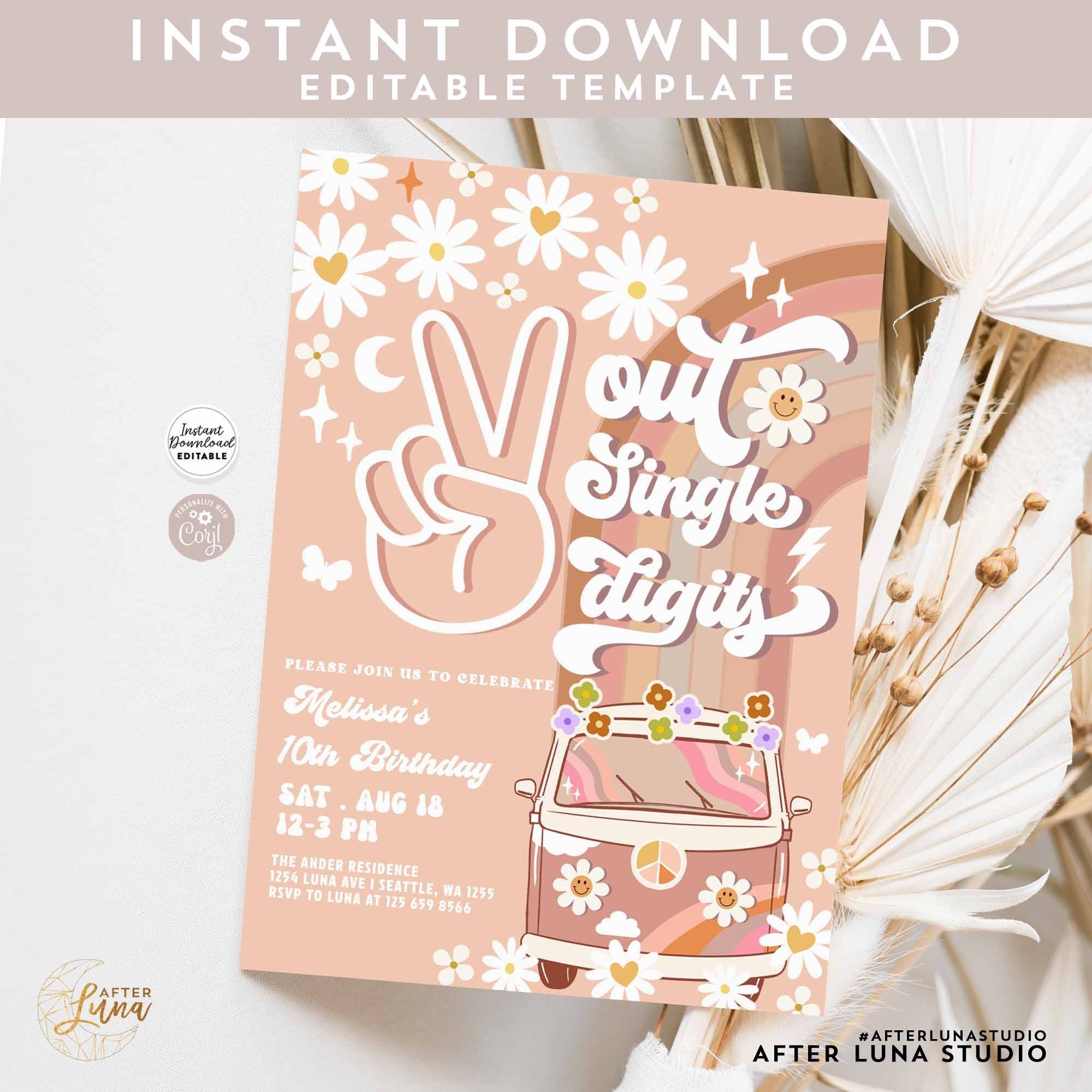 Editable Peace Out Single Digits Groovy 10th Birthday Invite Daisy Rainbow  Hippie Birthday Invitation Instant Download 633K5 (10-1) - Etsy, image size:2000x2000