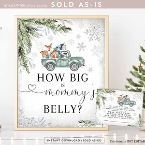 Inverno Woodland Green Sage Truck Floco de neve Adivinhe o tamanho da barriga da mamãe Jogo Chá de bebê de inverno Polvilhe para impressão Download instantâneo 1319V4