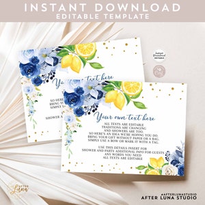 Editável 4x3 "Azul Floral Limão Detalhes Inserção de Cartão Ela Encontrou Seu Modelo de Inserção de Chá de Bebê Nupcial Squeeze Principal Download Instantâneo 157BR5