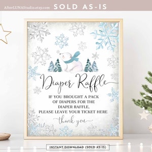 Digital Winter Blue Boy Polar Bear Diaper Raffle Game Sign Blue Snowflake Winter Boy Baby Shower Decoration Sign Instant Download 874V1