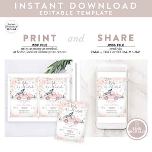 May include: Printable baby shower invitation featuring a pink truck with a Christmas tree on top. The invitation has a watercolor background with pink flowers and snowflakes. The text on the invitation reads "Baby it's cold outside".