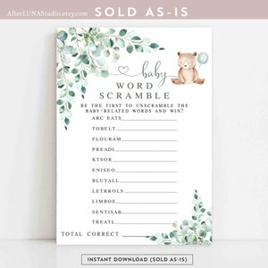 Greenery GREEN BALLOON Teddy Bear Gender Neutral Baby Scramble Game Printable Virtual Baby Shower Games Printable Instant Download 1432V6