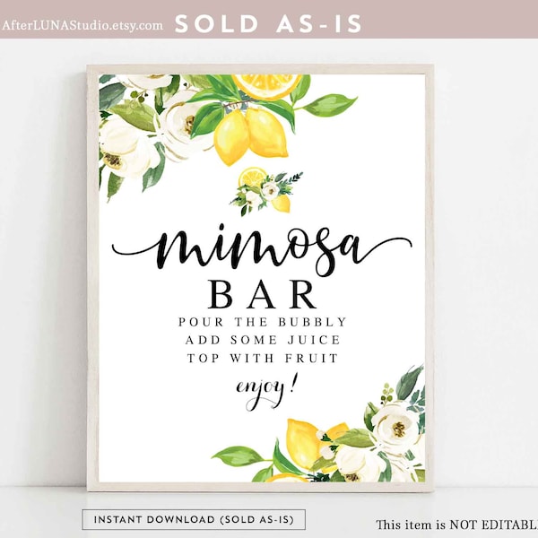 Mimosa Bar Sign Printable White Floral Lemon Lemonade Citrus Lemon Bridal Shower Bridal Brunch Decor Sign 8x10" Instant Download 162BR