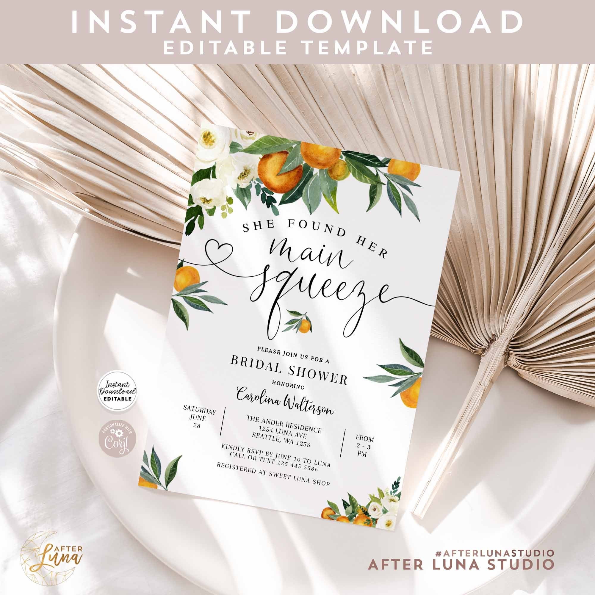 Editable Orange Bridal Shower Invitation Orange She Found Her Main Squeeze Bridal Shower Invitation Invites Template Instant