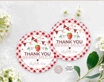 Editable Strawberry Thank You Berry Much Tag Round Tag Sticker Label Printable Birthday Baby Shower Tag Template Instant Download AL1483