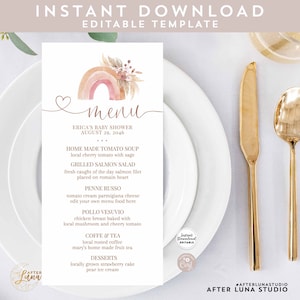 Edytowalne DOWOLNE WYDARZENIE Ziemisty Boho Tęczowy Baby Shower Chrzest Urodziny Wieczór panieński Edytowalne menu Szablon do wydruku Natychmiastowe pobranie 530V1