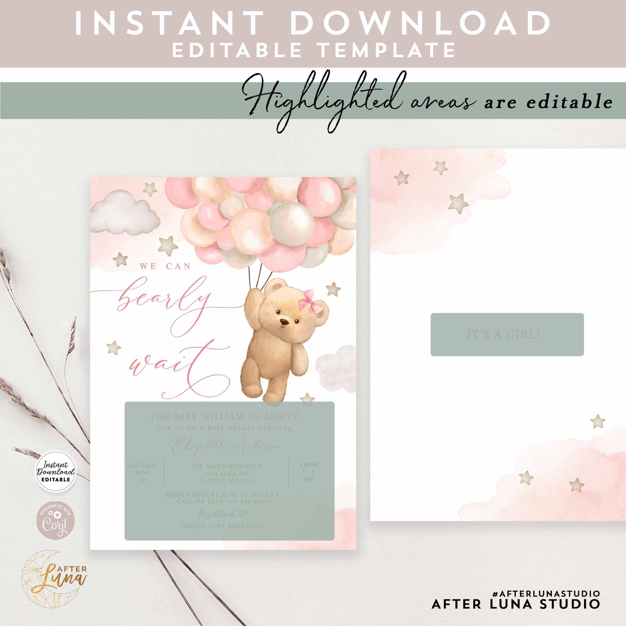 Editable Pink We Can Bearly Wait Teddy Bear Girl Balloon Bear Theme ...