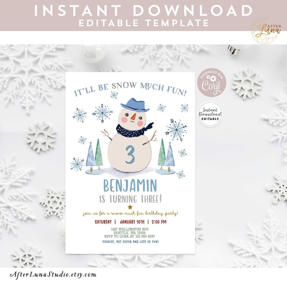 Editable ANY AGE Boy Winter Birthday Invitation Snow Much Fun Snowman Birthday Invite Template Instant Download 1496 (4)