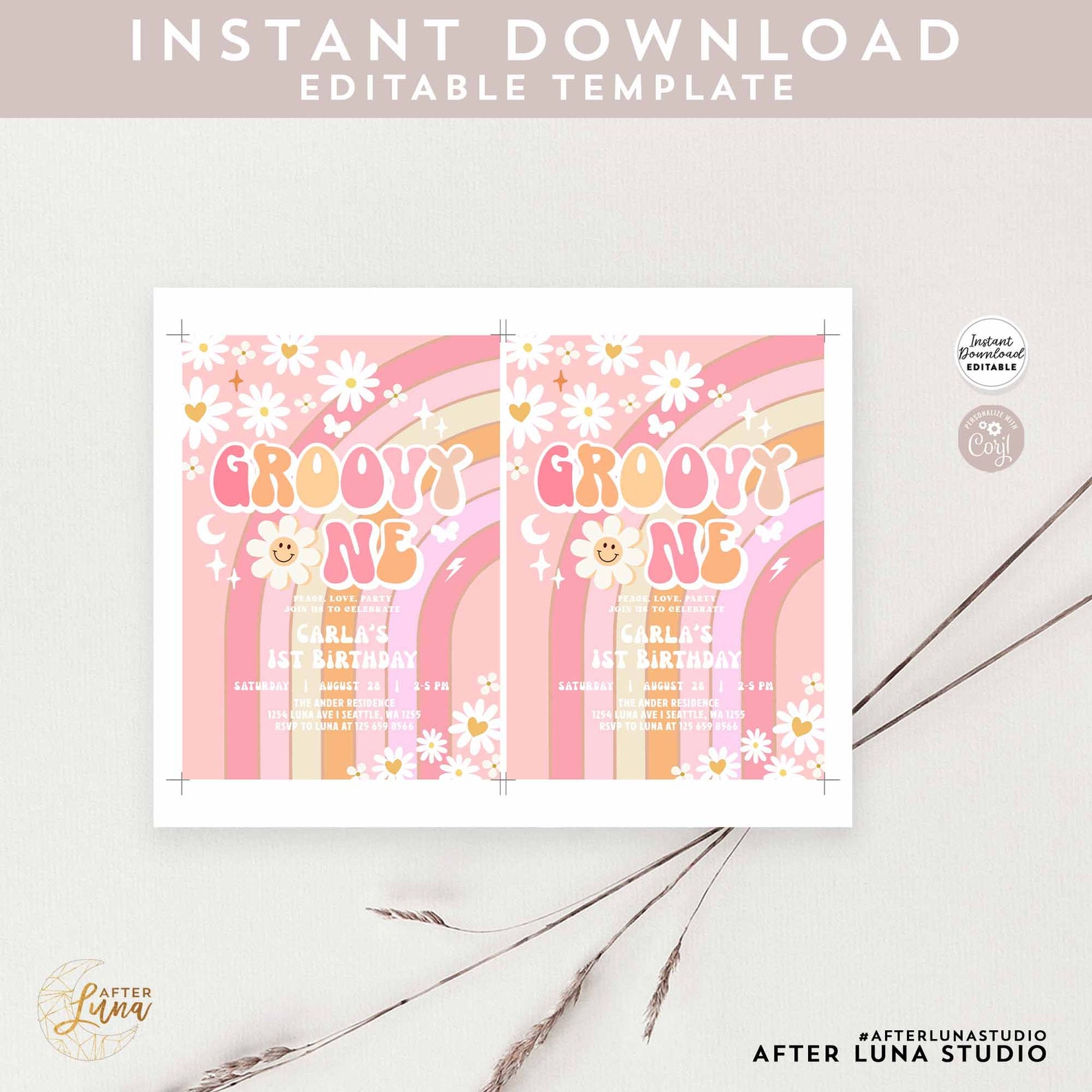 Editable Groovy One Pink Daisy Rainbow Groovy ONE 1st Birthday Invite ...