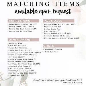 May include: A printable checklist of matching items available upon request for a wedding or party. The checklist includes inserts, tags and labels, signs and decors, and other items. The items are listed in a light brown font on a light pink background.