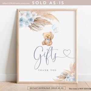 Blu Pampas Grass Boy Teddy Bear Regali Segno Decor Segno Boho Possiamo Beary Wait Baby Shower Decor Digitale stampabile Download immediato 904V3