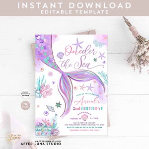 Editable Purple Pink Oneder the Sea Mermaid First 1st Mermaid Birthday Little Mermaid Invite ...
