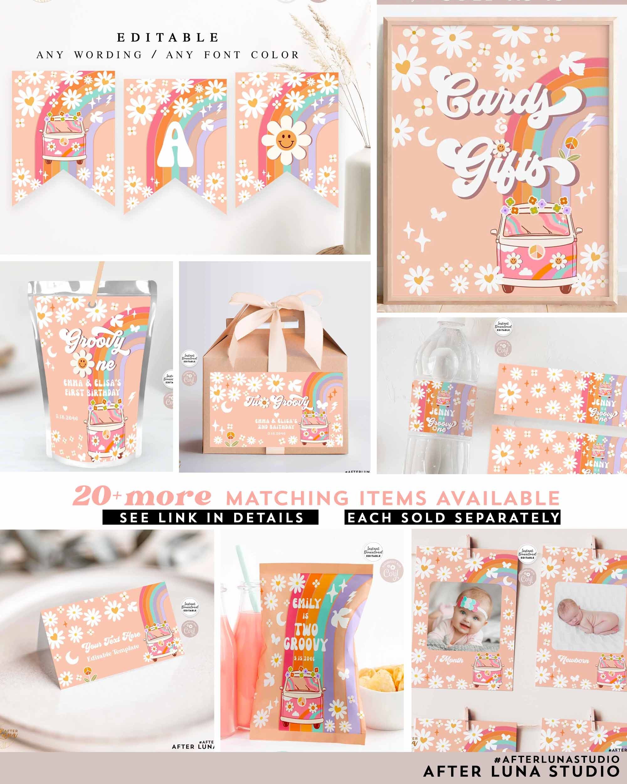 Editable Pink One Groovy Baby Daisy Rainbow Groovy Van 1st Birthday ...