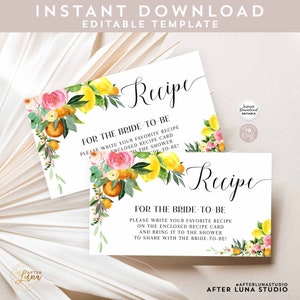 Bewerkbare roze bloemen sinaasappel citroen citrus bruids douche recept insert ticket invoegen groen mandarijn kaart instant download 381BR