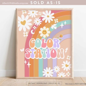 Groovy Birthday Party Decor 70&#39; Daisy Color Station Sign Decor Groovy Rainbow Hippie Verjaardag Decoratie Afdrukbare Instant Download 633K4