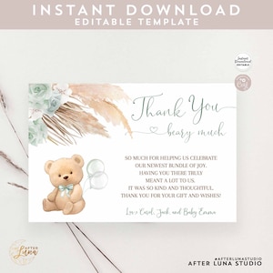 Bewerkbare groene salie pampasgras beer platte bedankkaart Blue Boy Boho Thank You Beary Much kaartsjabloon Instant Download 904V1