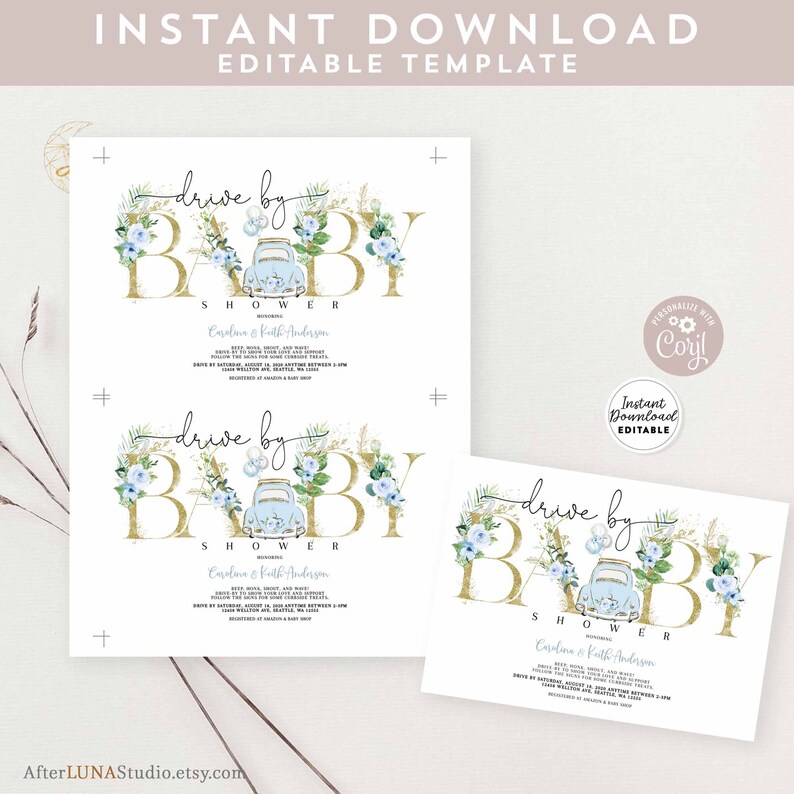 Editable Blue Floral Gold Drive By Baby Shower Parade Invitation Drive