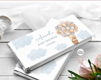 Editable Boy Blue Teddy Bear Hot Air Balloon Bear Bear Chocolate Bar Wrapper Favor Printable Template Instant Download 905V1