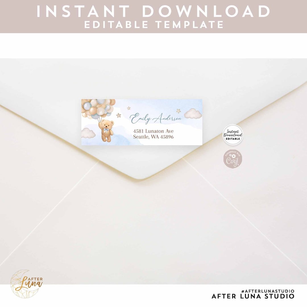 Editable Boho Boy Blue Teddy Bear Air Balloon Bear Return Address Label ...