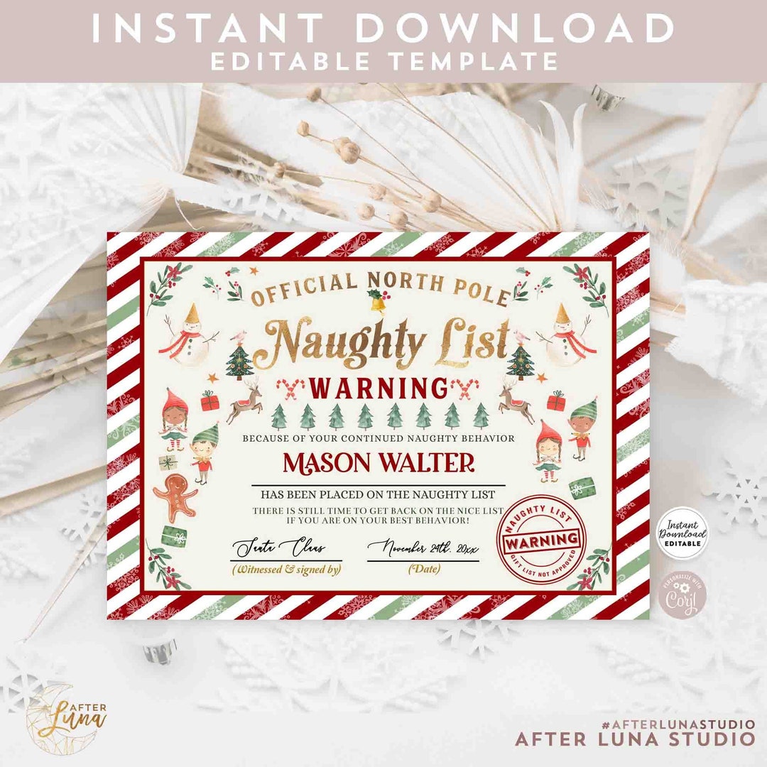 EDITABLE Naughty List Warning Certificate Printable Naughty Warning ...