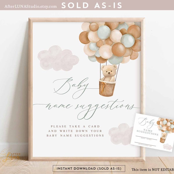 Teddy Bear Sage Green Hot Air Balloon Baby Shower Guess Baby Name Suggestion We Can Beary Wait Digital Printable Instant Download 905V2