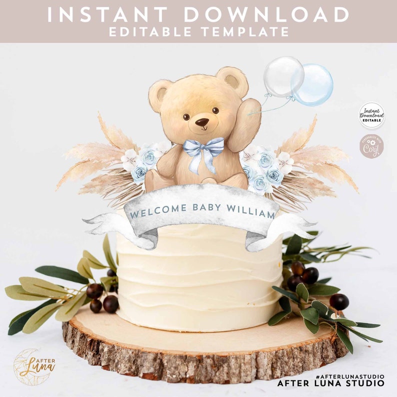 Editable Boho Blue Pampas Grass Boy Teddy Bear Baby Shower Cake Topper ...
