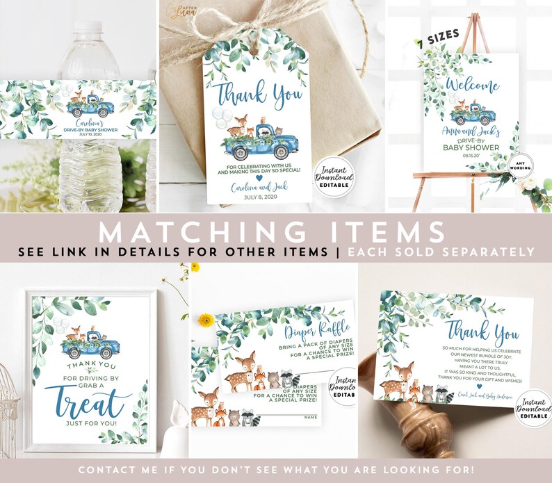 Op de afbeelding: Een set printbare baby shower decoraties met een blauwe vrachtwagen met bosdieren. De decoraties omvatten een welkomstbord, bedankkaartjes, een luierspelbord en een traktatiebord. De tekst op de borden luidt "Welkom op de Drive-By Baby Shower van Aiylie en Jack", "Bedankt", "Luierspel" en "Bedankt voor het langsrijden, pak een traktatie, speciaal voor jou!"