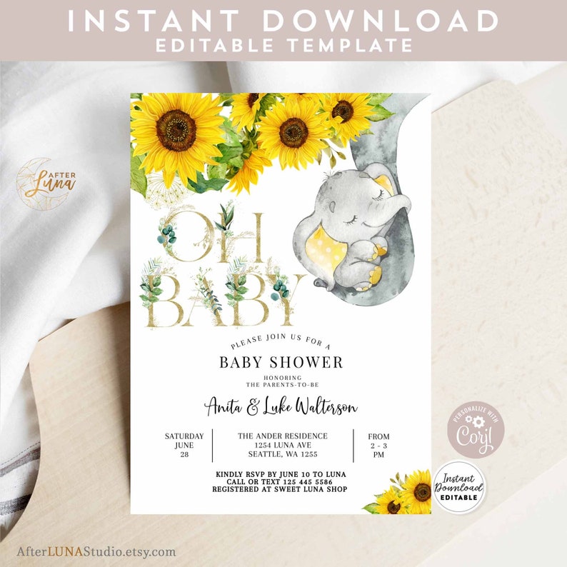 Editable Sunflower Elephant Baby Shower Sprinkle Invitation Etsy