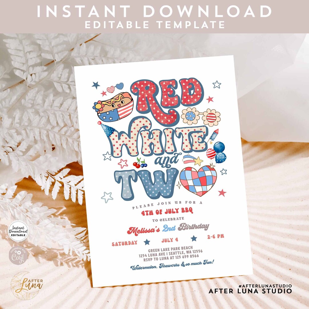 Editable Girl 4th of July Red White and TWO 2nd Birthday Invitation ...