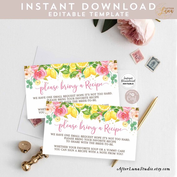 Editable Pink Floral Lemon Recipe Card Insert Wedding Couple Bridal Shower Recipe Card Inserts Printable Template Instant Download 157BR2