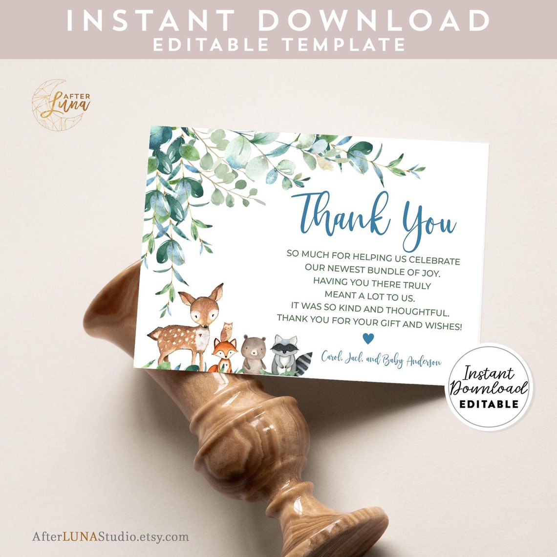 Editable Woodland Thank You Flat Card Deer Bear Drive by Virtual Baby ...