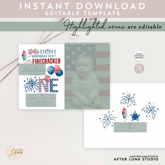 Editable 4th of July First Birthday Photo Invitation Firecracker Boy Blue Red Fourth of July Birthday Invitation Instant Download AL1477