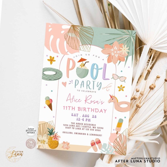 Editable ANY AGE Girl Tropical Pool Party Birthday Invitation Etsy