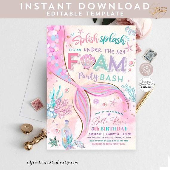 Sirene Modifiable Sous La Mousse De Mer Fete Invitation Fille Etsy France