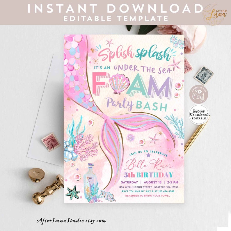 Editable Mermaid Under the Sea Foam Party Invitation Girl Birthday Invite Party Birthday Invite Printable Template Instant Download 1328 1 image 1