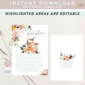 May include: A printable baby shower invitation with a woodland theme. The invitation features a cute illustration of a deer, fox, owl, and raccoon surrounded by fall foliage and pumpkins. The text on the invitation reads "A Sweet Little Pumpkin is on the way!" and includes the names "Caquline & Luke Wiltingen".