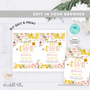 May include: Editable printable invitation for a second birthday party with a bee theme. The invitation features a watercolor illustration of pink flowers, a honeycomb pattern, and a bee with a honey pot. The text reads "So Sweet to Bee Two" and includes the child's name, the date, and time of the party.