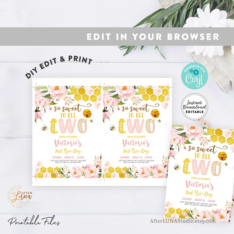 May include: Editable printable invitation for a second birthday party with a bee theme. The invitation features a watercolor illustration of pink flowers, a honeycomb pattern, and a bee with a honey pot. The text reads "So Sweet to Bee Two" and includes the child's name, the date, and time of the party.