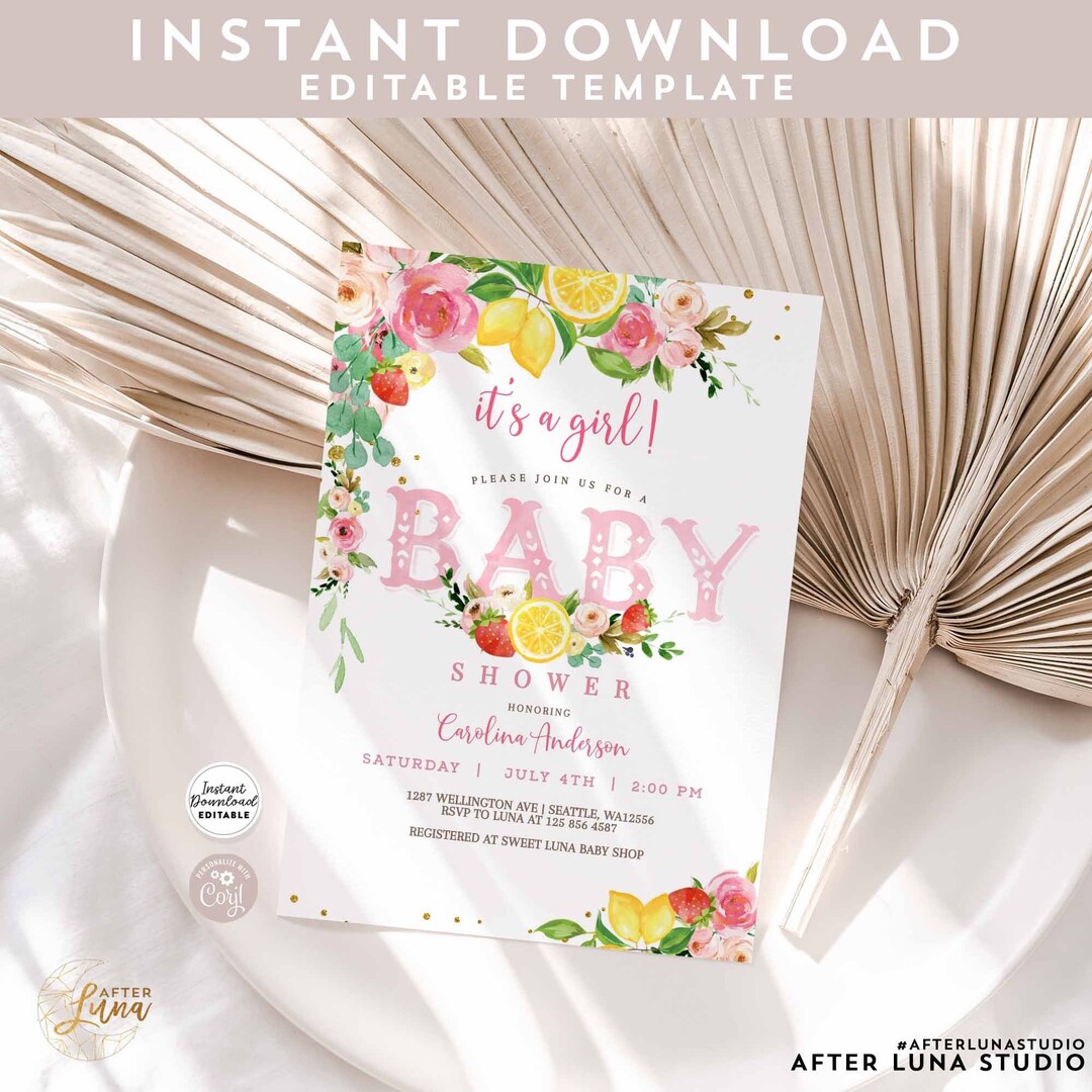 Editable Strawberry Lemon Baby Shower Invitation Berry Sweet One Baby ...